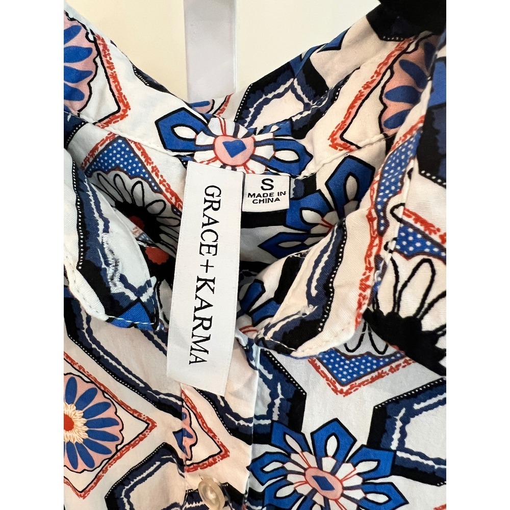 Grace + Karma Womens Blue Geometric Floral Tiered Midi Button Down Dress Small - Picture 4 of 6
